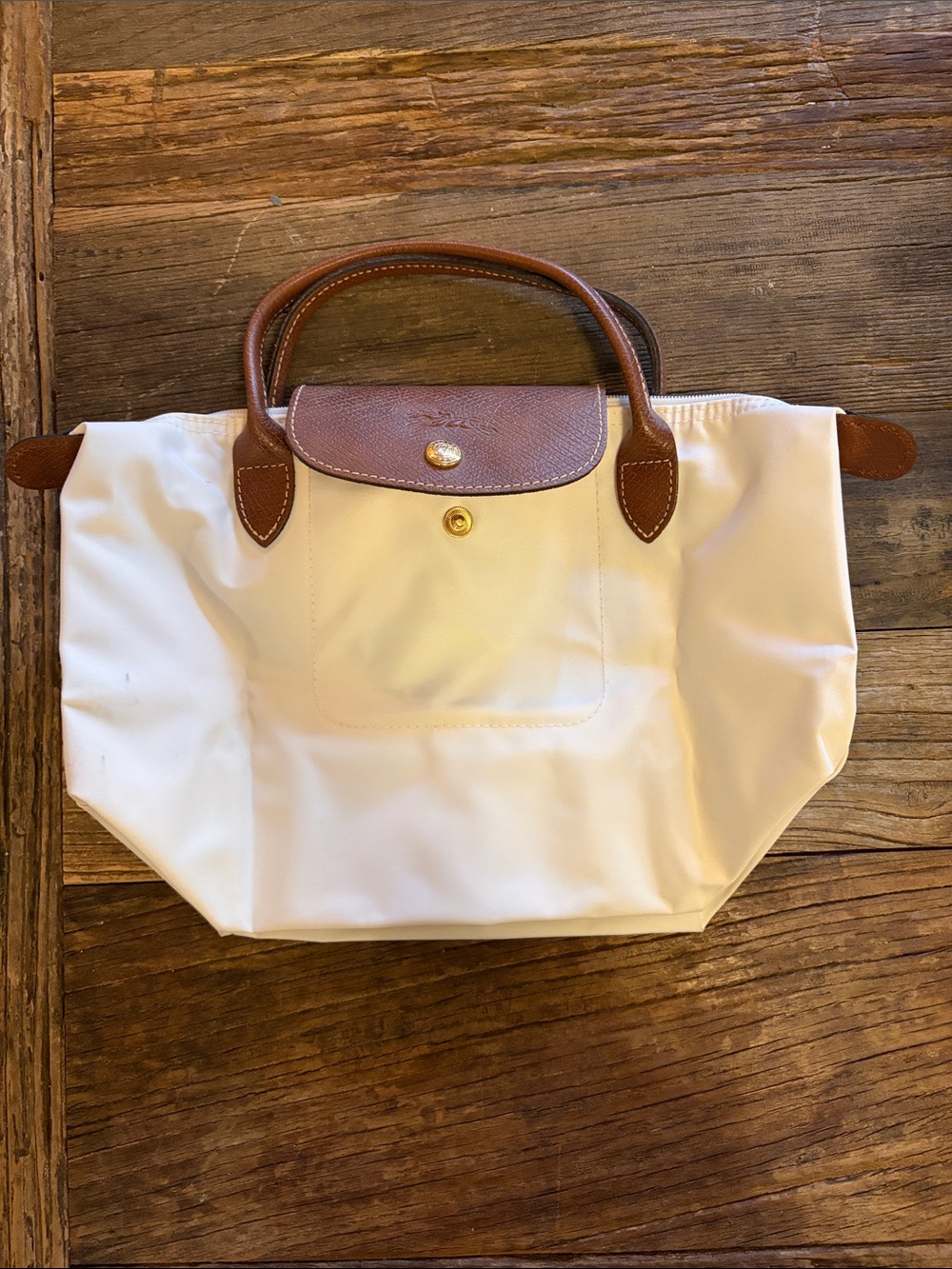Longchamp Cream Tote with Brown Leather Trim